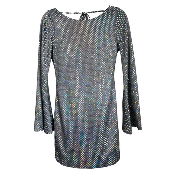 Thirty/Thirty Silver Sequined Backless Mini Dress With Bell Sleeves Size Medium - Picture 1 of 7